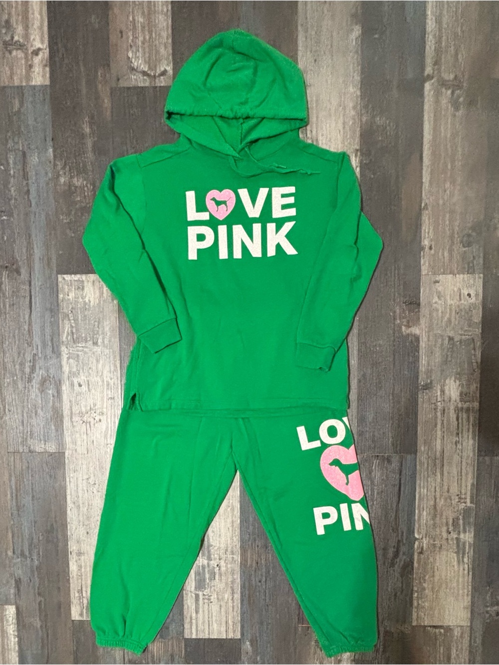 PINK Victoria's Secret Womens Green Hoodie with Jogger Set with Pink Logo